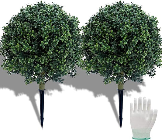 23.6 Inches Set of 2 Artificial Boxwood Topiary Ball Tree with Ground Spike, Faux Bushes UV Resistant Faux Greenery Shrubs, Fake Boxwood Plants for Indoor, Front Porch Decor, Garden, Yard-VerdiqueGarden