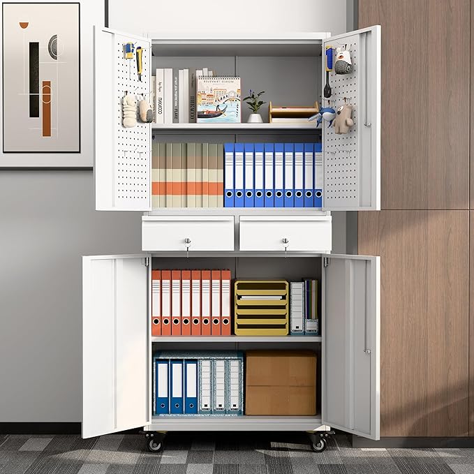 Metal Garage Storage Cabinet with Locking Doors and 2 Adjustable Shelves, Rolling Tool Storage Cabinet with 4 Wheels and 2 Drawer for Garage, Warehouse, White and Gray, Assembly Required-VerdiqueGarden