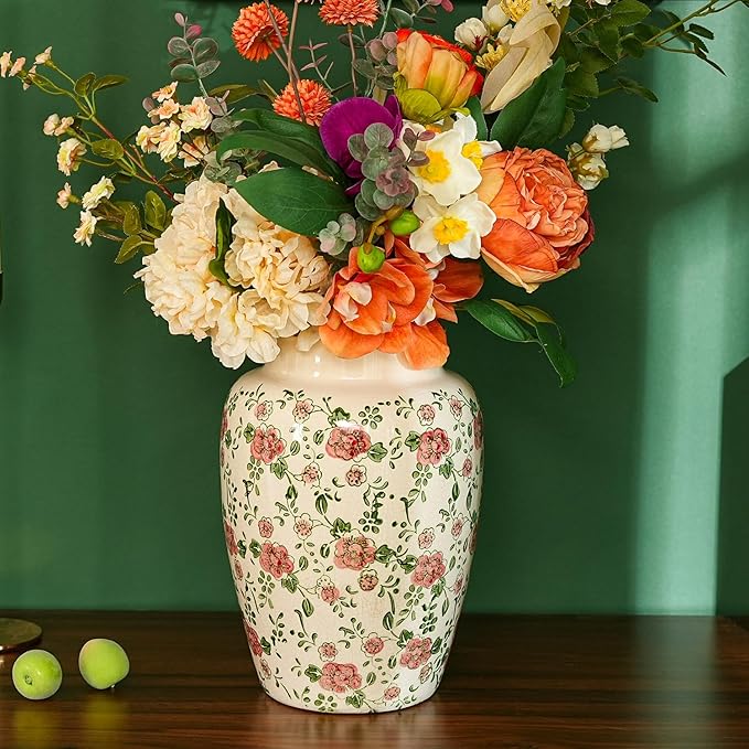 Sungmor Ceramic Flower Vase, Vintage Ice Cracked Glaze Porcelain Vase, Pretty Home Decor Vase for Flower Arrangement, Fresh Flowers, 10.2 Inch Tall Chinoiserie Pottery Vase, Pink Floral Pattern-VerdiqueGarden