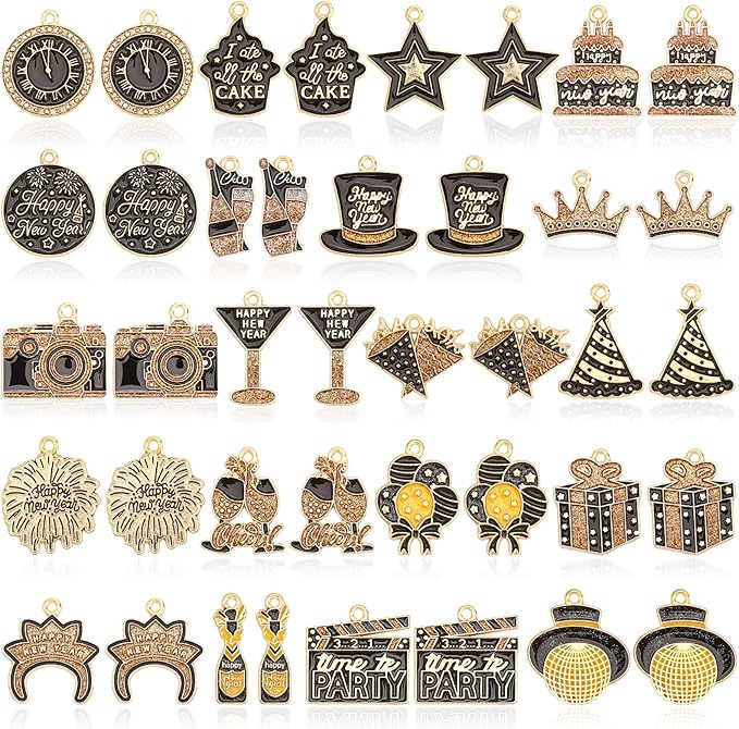MARFOREVER 40Pcs/20 Pairs New Year Charms for Jewelry Making, New Year’s Eve Clock Hat Star Champagne Flute Glittery Enamel Pendants for Bracelet Necklace Earrings Making Accessories