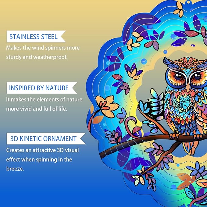 Owl Metal Wind Spinners Owl Gifts for Mom Women Grandma,12inch Hanging Wind Spinner for Outdoor&Indoor Decor Wind Kinetic Christmas Mother Ornament Gifts for Yard Garden Decoration-VerdiqueGarden