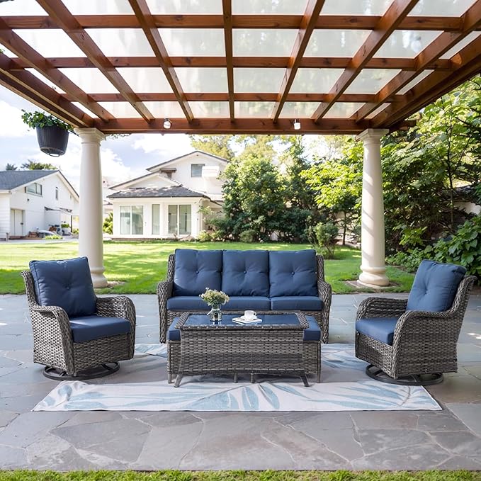 Wicker Outdoor Furniture Patio Furniture Set - 6 Piece Patio Conversation Set with Swivel Rocker Chairs, Rattan Sofa, Ottomans and Coffee Table, Blue Cushion-VerdiqueGarden