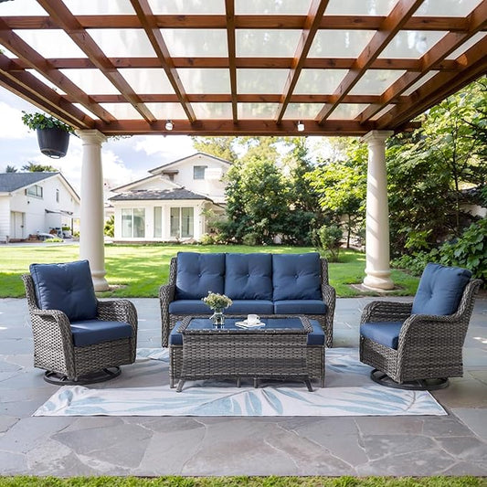 Wicker Outdoor Furniture Patio Furniture Set - 6 Piece Patio Conversation Set with Swivel Rocker Chairs, Rattan Sofa, Ottomans and Coffee Table, Blue Cushion-VerdiqueGarden