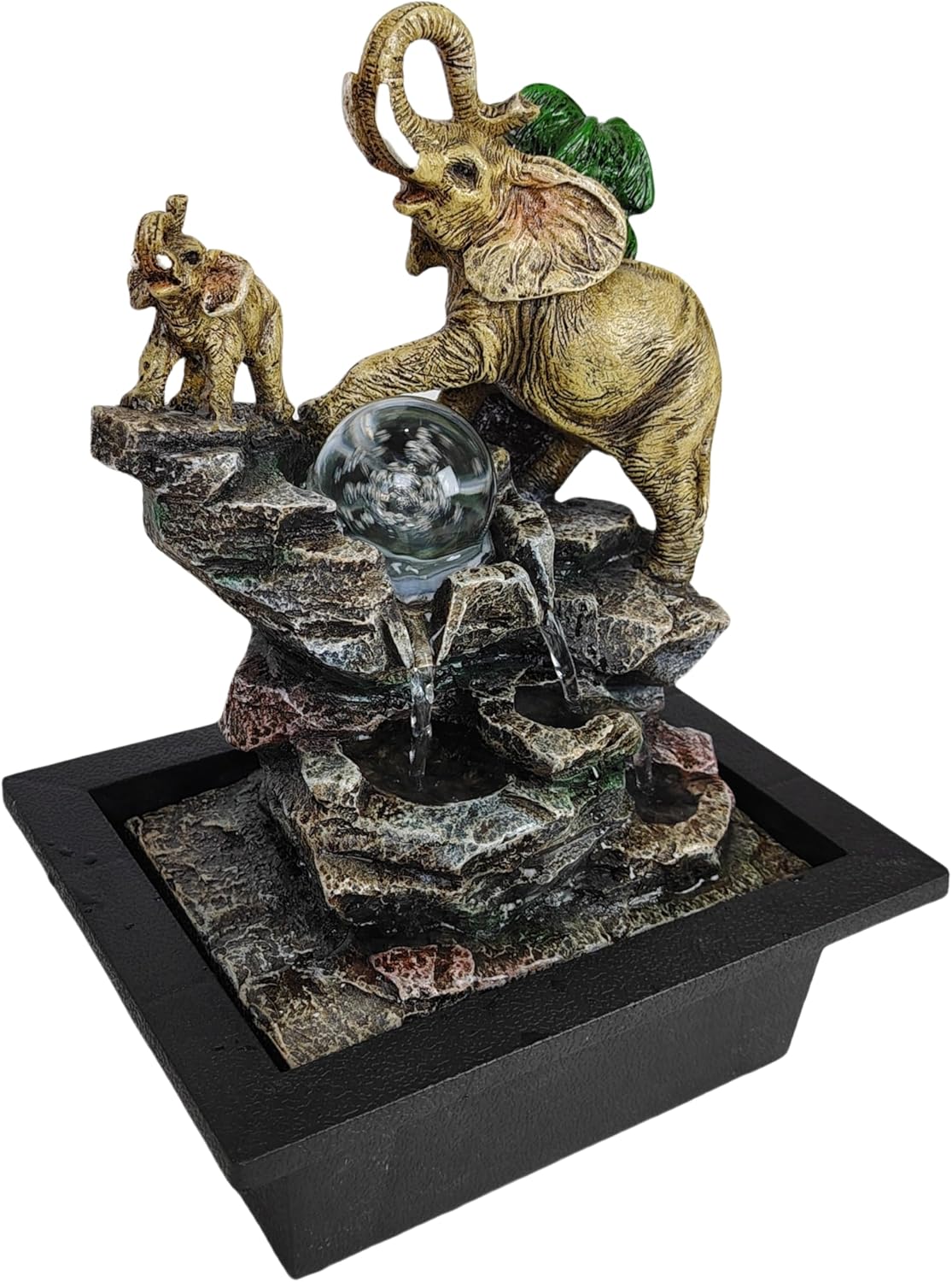 Decorative Elephant Cascade Tabletop Fountain with LED Globe, 3-Tier Design, A Quiet and Soothing Indoor Desktop Fountain-VerdiqueGarden