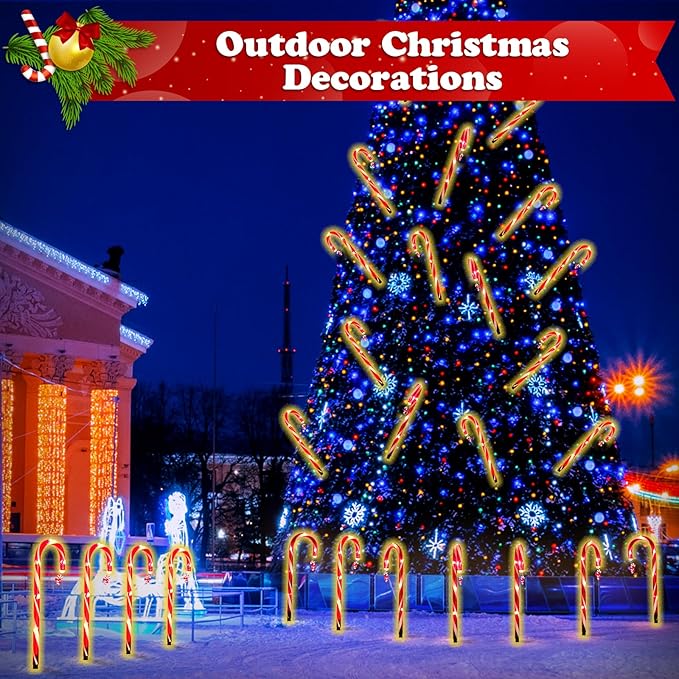 12 Pack Christmas Candy Cane Lights Outdoor Solar Pathway Lights Christmas Decorations Waterproof Driveway Walkway Markers Yard Garden Home Xmas Decor, 2-in-1 Rechargeable Solar Power-VerdiqueGarden
