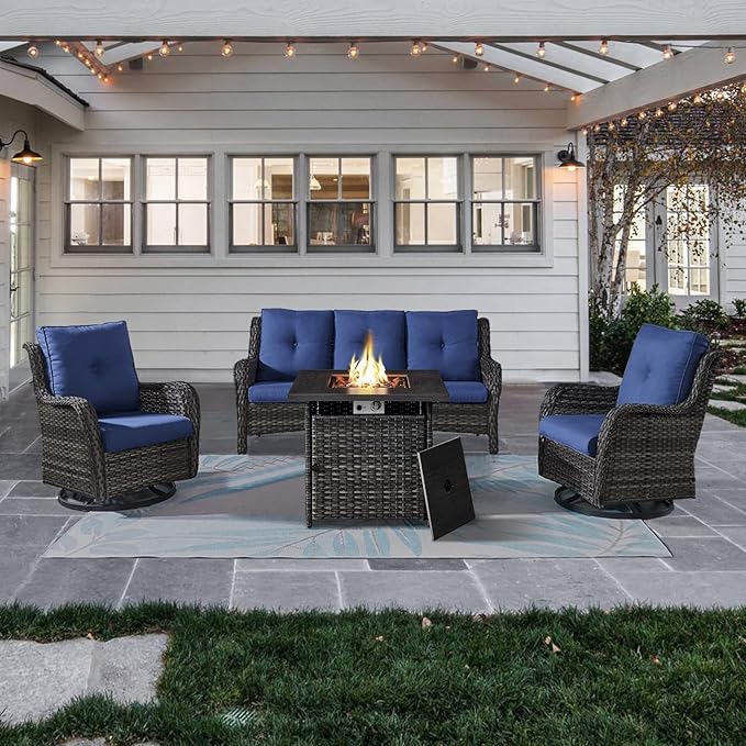 Outdoor Patio Furniture Set with 50000BTU Propane Fire Pit Table, 4 Pieces Wicker Patio Conversation Set with 2 Swivel Rocker Glider Chairs Rattan Sofa Blue Cushion Perfect for Gathering-VerdiqueGarden