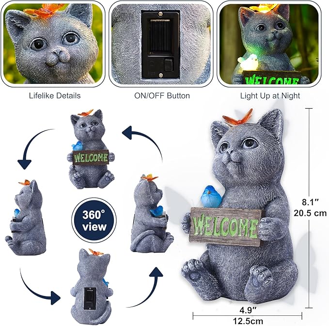 Solar Cat Figurine Garden Statues : Outside Welcome Cat Statue with Butterfly for Garden Decor and Yard Decorations - Unique Gifts for Women and Mom-VerdiqueGarden