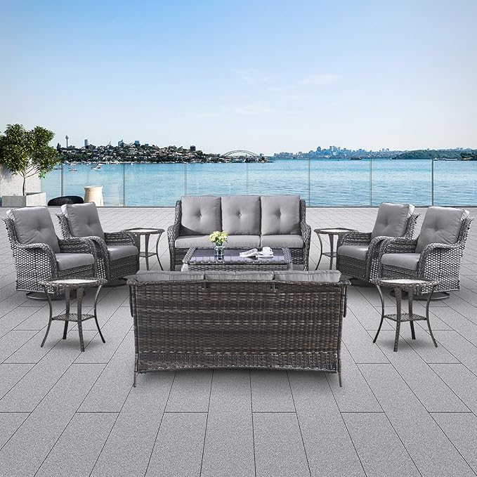 Wicker Patio Furniture Sets - 13 Piece Outdoor Rattan Furniture Conversation Sets with 4 Swivel Rocker Chairs, 2 Rattan Sofas, Wicker Ottomans and Coffee Table, Mixed Grey/Grey-VerdiqueGarden