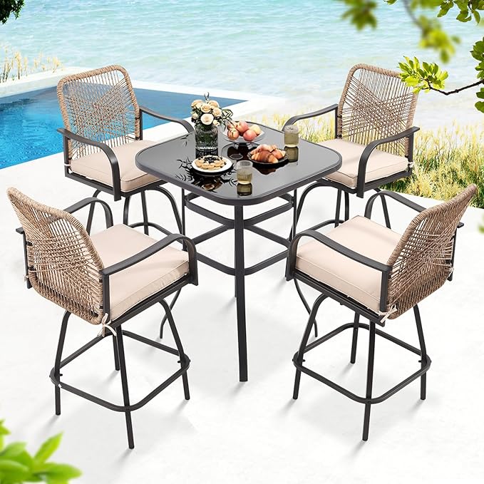 Outdoor Bar Stools Set of 6, Patio Swivel Counter Height Rattan Bar Stools, Patio Wicker Bar Swivel Chairs with Cushion, Outdoor Pool Bar Chairs for Backyard Garden Balcony w /360 Rotation-VerdiqueGarden