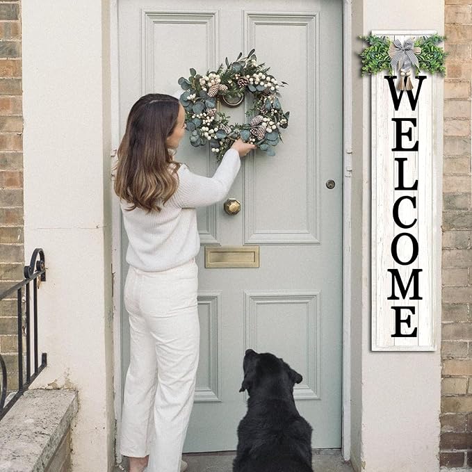 Welcome Sign for Front porch Standing 45"X9"Large Wood Frame Outdoor Tall Welcome Signs Vertical Decor for Farmhouse Rustic Home Modern Outside Front Door Wall Decorations (White)-VerdiqueGarden