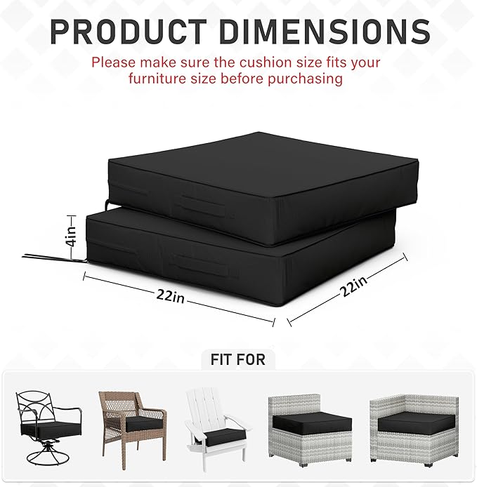 Patio Chair Cushions 22 X 22 X 4 Inch Waterproof Outdoor Seat Cushions for Patio Furniture, Outdoor Sofa Couch Pads with Ties & Handle, Set of 2, Black-VerdiqueGarden