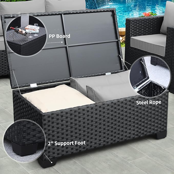 Rattaner Patio Coffee Table with Storage Wicker Outdoor Coffee Table and All-Weather Wicker Side Table with Waterproof Cover, Black-VerdiqueGarden