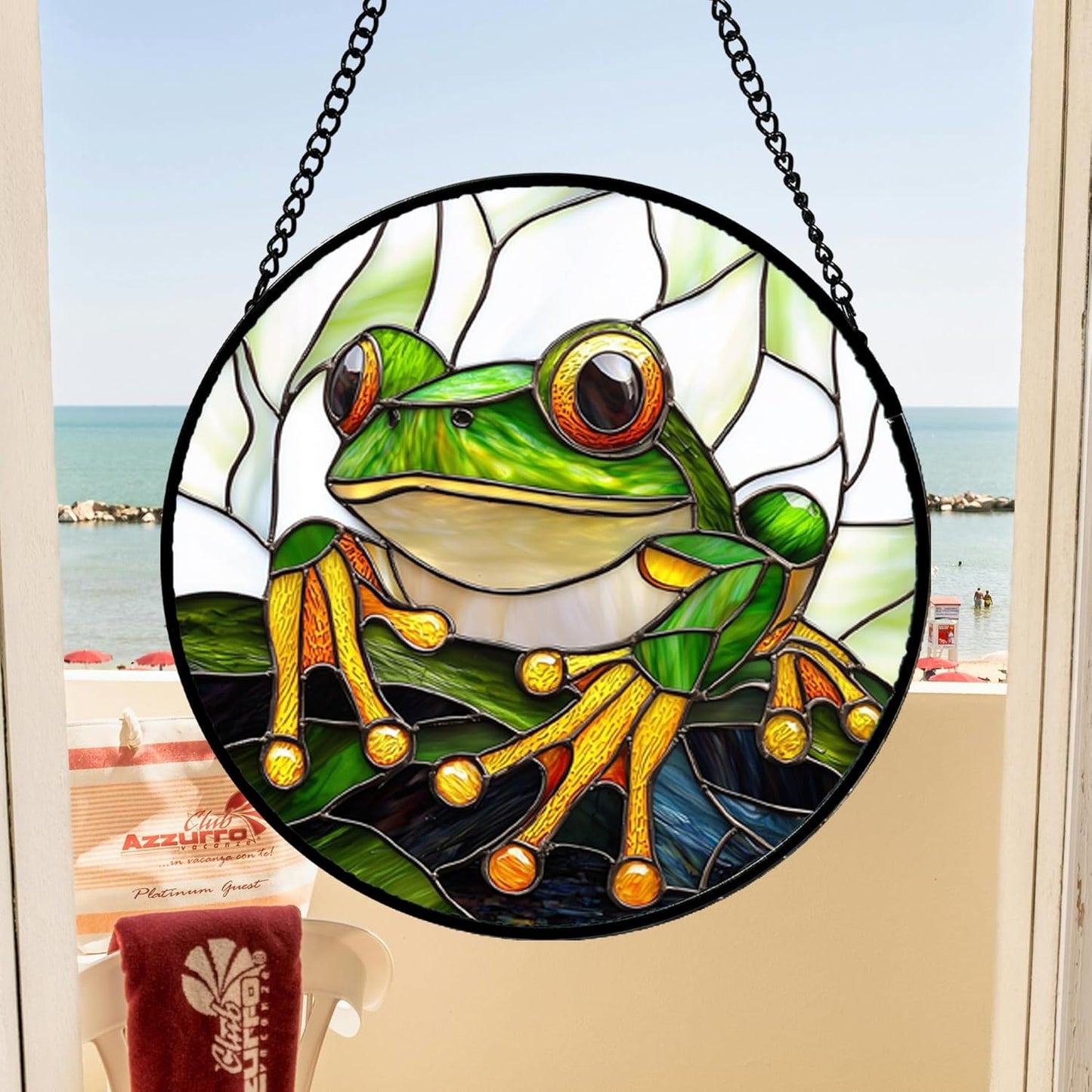 Stained Glass Window Hanging, Green Frog White Petals Sun Catchers Colorful Glass Panel Cute Suncatcher Decor for Birthday for Women, Men, Wife, Aunt, and Mom 14.9x14.9 in-VerdiqueGarden