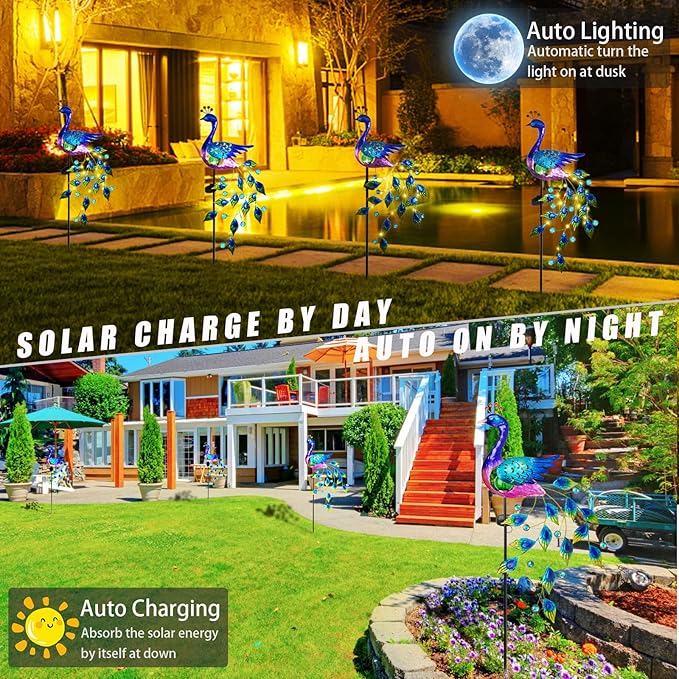 DREAMSOUL Peacock Solar Garden Lights Outdoor Decorative Stake, Waterproof Metal Peacock Garden Decor Solar Powered Landscape LED Path Lights Walkway Patio Decoration Lawn Ornament Christmas Gifts-VerdiqueGarden