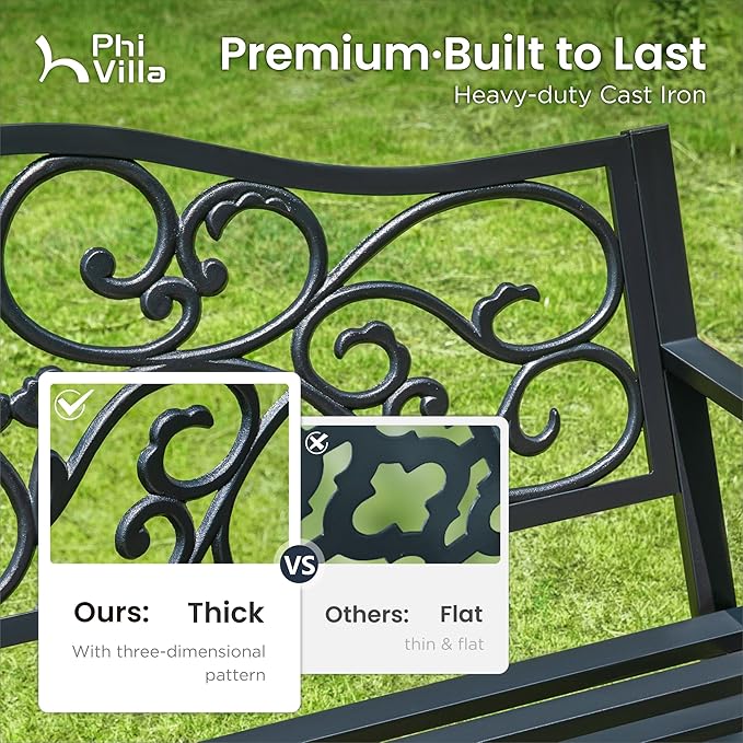 PHI VILLA 50-Inch Cast Iron Steel Frame Garden Bench Outdoor Patio Bench Chair w/Floral Design Backrest, Slatted Seat for Park, Yard & Porch, Black-VerdiqueGarden