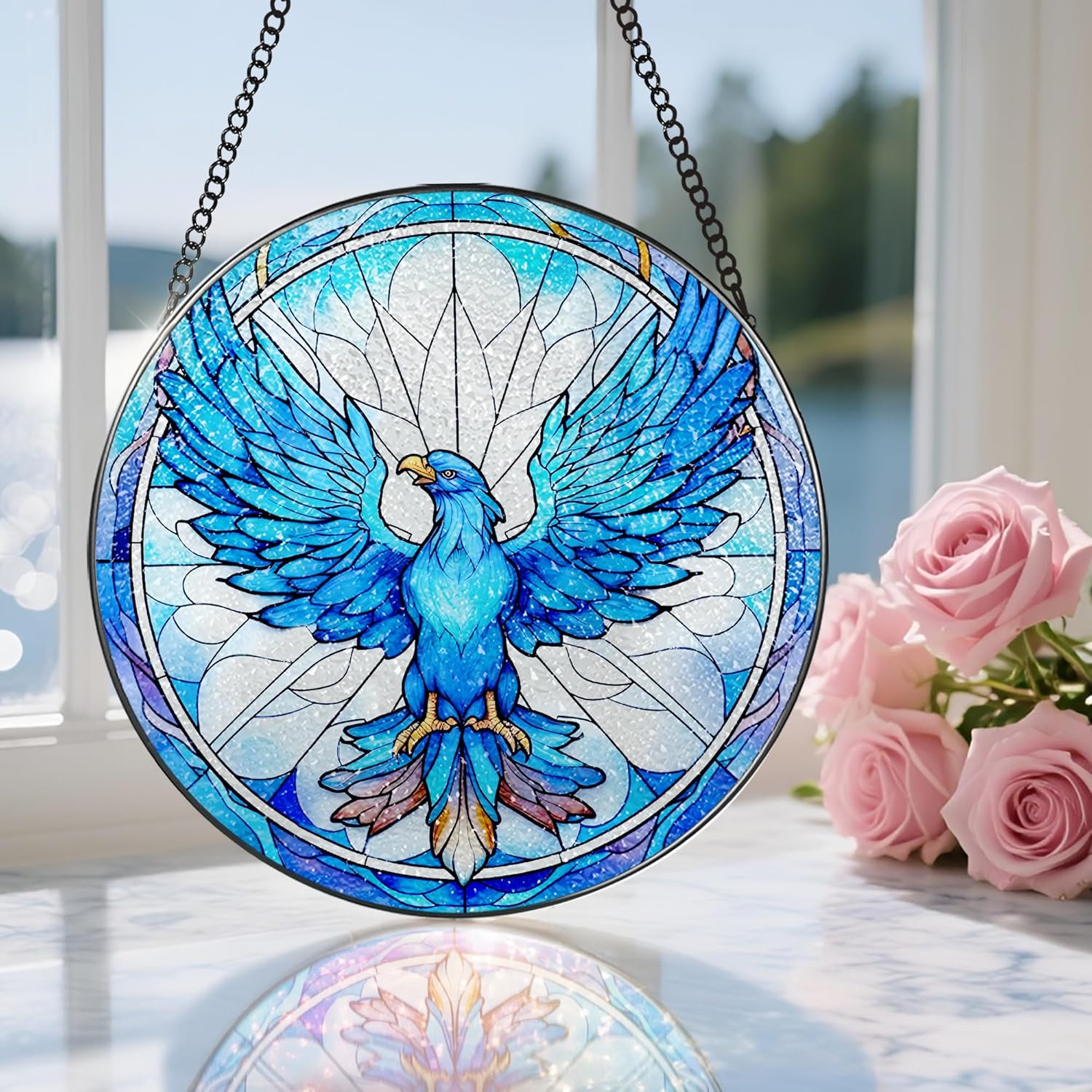 Stained Glass Window Hanging, Stained Glass Suncatcher, Phoenix Sun Catcher, Window Decor, Phoenix Gift, Gifts for Mothers Day, Christmas or Birthday Gift, Gifts for Lover Couple Colleague Friends-VerdiqueGarden