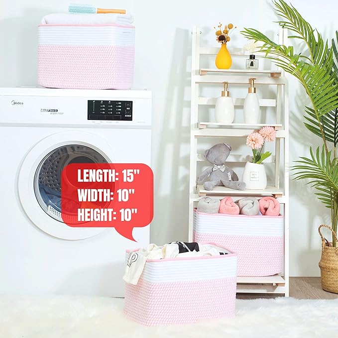 MINTWOOD Design Storage Basket for Shelves, Decorative Baskets for Organizing, Book Basket, Storage Cube Bin Box, Woven Closet Organizer, Pantry Closet and Shoe Basket, Light Pink-VerdiqueGarden