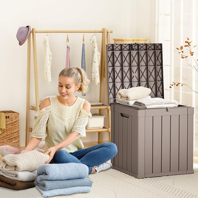40 Gallon Resin Deck Box, Lockable Patio Outdoor Storage Box for Furniture, Garden Tools and Tools Storage, Waterproof Outside Storage Boxes - Grey-VerdiqueGarden