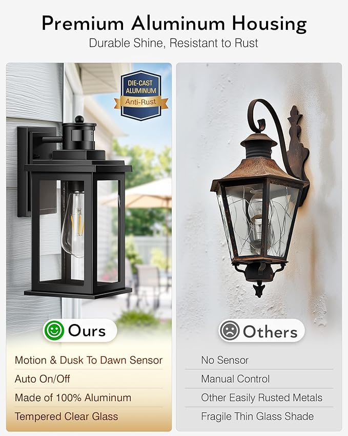 VIANIS Motion Sensor Outdoor Light, 2 Packs Exterior Lights for House, Black Waterproof Dusk to Dawn Outside Porch Lights Lantern for Garage Patio Doorway,Distance Adjustable(Hardwired, not Solar)-VerdiqueGarden