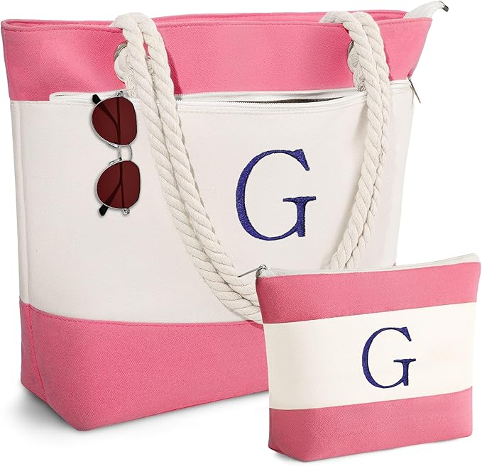YOOLIFE Beach Bags for Women - Initial Tote Waterproof Bag with Makeup Bag, Mothers Day Gifts for Women Mom Friend Birthday-VerdiqueGarden