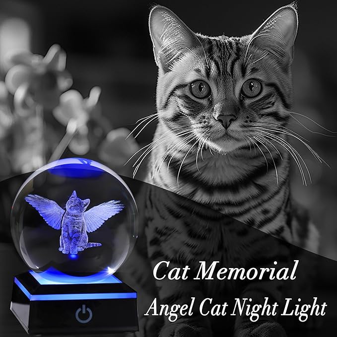 Qianwei Cat Memorial Gifts for Loss of Cat - Pet Memorial Cat Angel Statue 3D Crystal Engraved Office Decor - Remembrance Bereavement Passing Away Sympathy Gifts in Memory of Death-VerdiqueGarden