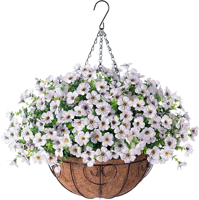 Artificial Fake Hanging White Plants Flowers Basket for Outdoor Fall Winter, Faux Silk Daisy in Planter Realistic UV Resistant for Christmas Outside Porch Home Patio Balcony Yard Decoration-VerdiqueGarden