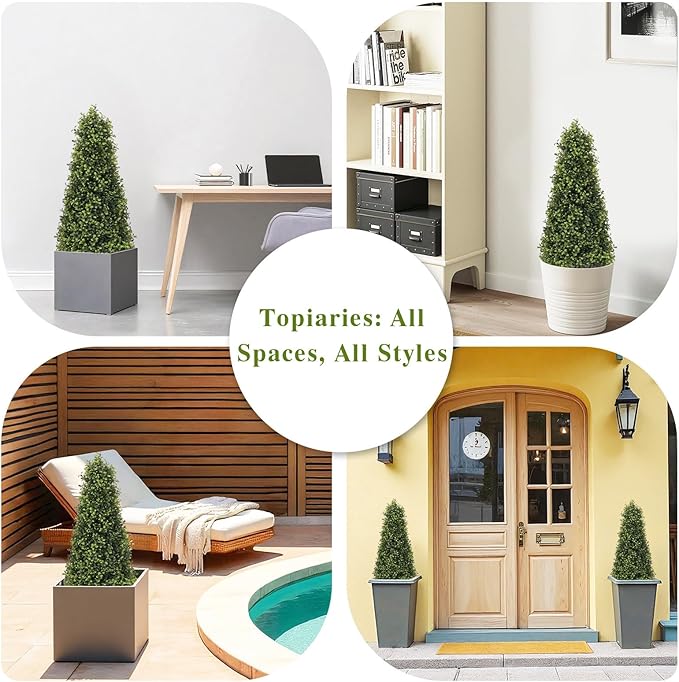 3ft Artificial Boxwood Topiary Trees (Set of 2) - UV Resistant Faux Plants Outdoor, Realistic 36in Fake Cone Bushes and Shrubs for Front Porch, Planter, Patio - Low Maintenance & Evergreen-VerdiqueGarden