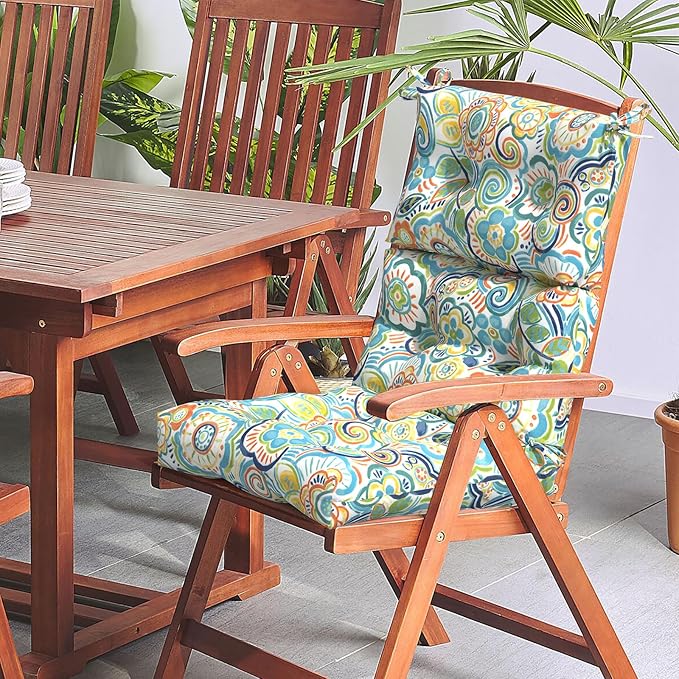 LVTXIII Outdoor Seat/Back Chair Cushion Patio Tufted High Back Cushion, Seasonal Replacement Rocking Chair Cushion with Ties (22” W x 20D”, Set of 2, Flower Blue)-VerdiqueGarden