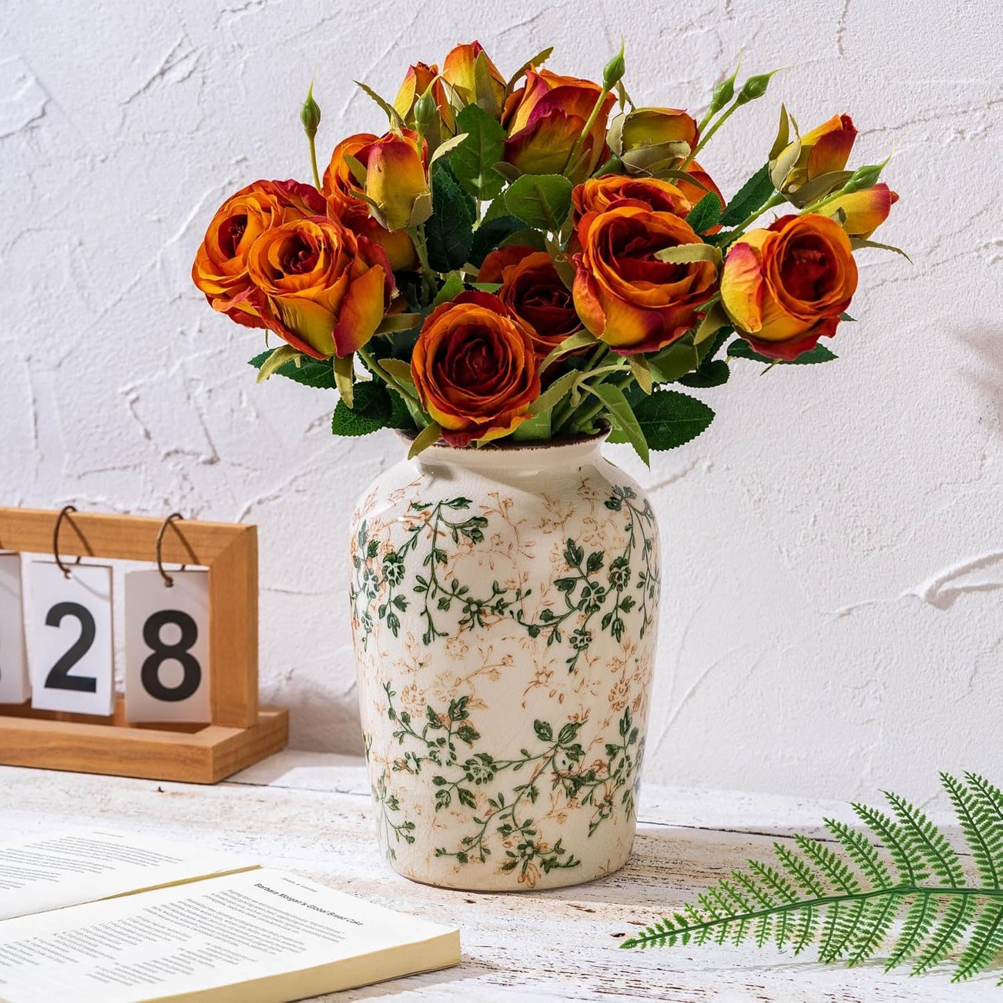 Vintage Pastoral Green and Beige Vase, Round Ceramic Floral Vases, Retro Ice Cracked Chinoiserie Vase for Home Decor, Living Room, Bookshelf, Office, Rustic Table Centerpiece 7.8 Inch-VerdiqueGarden