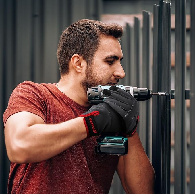 DULFINE Flex Grip Mechanic Work Gloves for Men,Black and Red Utility Safety Working Gloves Touch Screen,Excellent Grip,Ideal for Working on Cars and Outdoor Jobs(Small)-VerdiqueGarden