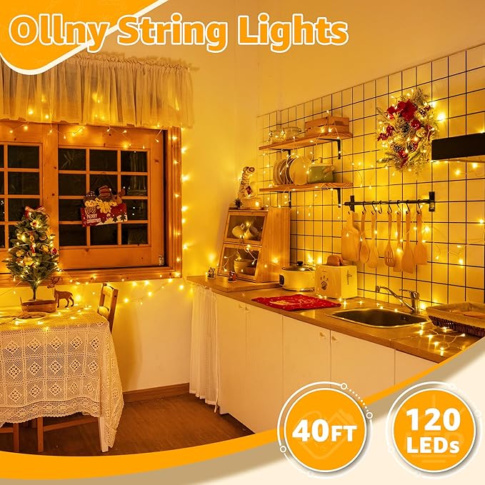 Ollny 120LED 40FT String Lights, Waterproof Connectable Fairy Lights with Timer 8 Modes, Warm White Plug in Christmas Light for Indoor Outdoor Patio Party Bedroom Classroom Decor-VerdiqueGarden
