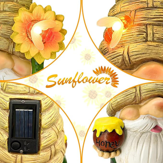 Uniboho Garden Gnome Statue Outdoor Garden Decor Large Resin Sunflower Gnome Holding Honey Jar with Solar Bee Lights for Garden Yard Decorations Patio Lawn Outside Porch Lawn Decor Gnomes Gifts 12"-VerdiqueGarden