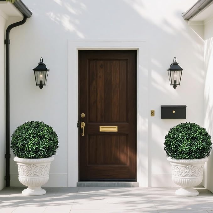 Artificial Boxwood Topiary Ball Tree Outdoor Set of 2,Artificial Boxwood Plants with Ground Spike,Faux Shrubs Fake Evergreen Tree UV Resistant,Diameter 17"-VerdiqueGarden