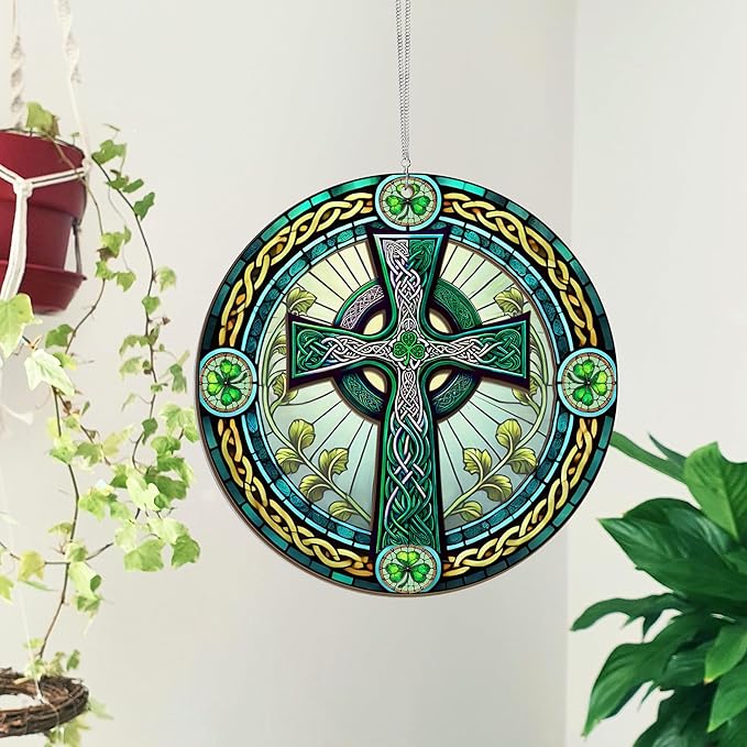 St Patricks Day Decorations - Irish Gifts for Men Women Friends Family, St Patricks Day Accessories, Celtic Cross Home Decor - Double Layered Hanging Suncatcher 12 in-VerdiqueGarden