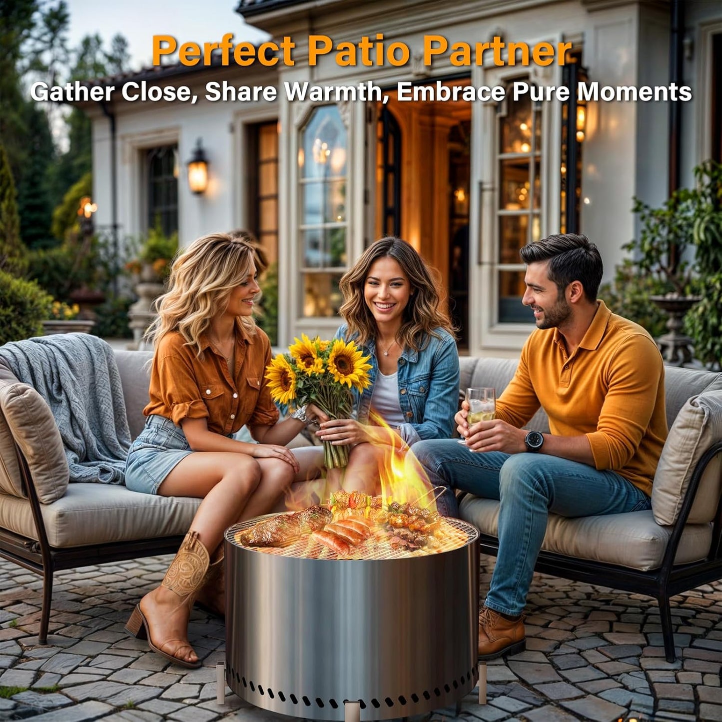 HGD 27.5" Smokeless Firepit with Stand & Grill Rack, Large Stainless Steel Wood Burning Fire Pit for Friends & Family Gatherings, Secondary Combustion Outdoor Patio Stove for Garden BBQ & Bonfire-VerdiqueGarden