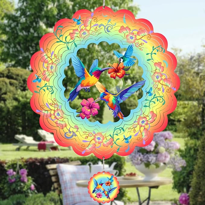 Hummingbirds Metal Wind Spinners Hummingbird Gifts for Mom Women Grandma,12inch Hanging Wind Spinner for Outdoor&Indoor Decor Wind Kinetic Ornament for Yard Garden Decoration-VerdiqueGarden