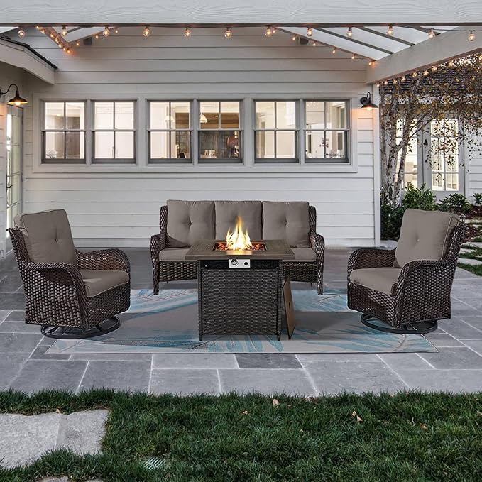 Outdoor Patio Furniture Set with 50000BTU Propane Fire Pit Table, 4 Pieces Wicker Patio Conversation Set with 2 Swivel Rocker Glider Chairs Rattan Sofa Grey Cushion Perfect for Gathering-VerdiqueGarden