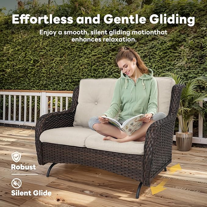 4 Piece Patio Furniture Set - Outdoor Glider Bench with Swivel Rocker Chairs and Coffee Table, High Back Small Outdoor Conversation Furniture Sets for Deck Sunroom Balcony Backyard-VerdiqueGarden