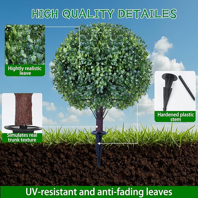 Artificial Boxwood Sphere Bushes Set of 2 Lifelike - UV Resistant Faux Shrubs with Stakes for Effortless Porch, Planter & Indoor Decor 16in FZHCZWZX-VerdiqueGarden