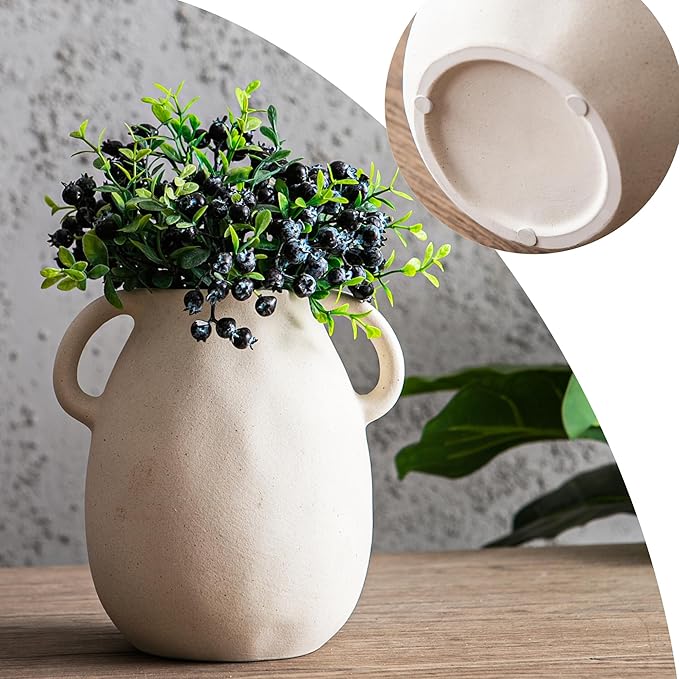Kimdio White Ceramic Vase with 2 Handles – Sand-Glazed Clay Pottery Vase for Dried Flowers, Rustic Modern Table Decor, Farmhouse Boho Shelf Decoration-VerdiqueGarden