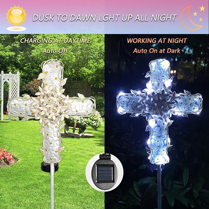 38Inch Solar Cross Garden Lights Outdoor Decorative - Solar Metal&Glass Cross White Hydrangea Flower Stake Lights- Waterproof 20 Warm White LED for Remembrance Gifts & Sympathy Gifts.-VerdiqueGarden