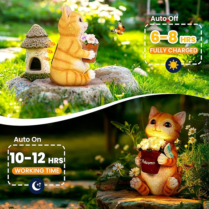 GIGALUMI Solar Garden Decor Flower Pot Cat Statues Outdoor, Birthday Gifts for Women, Gifts for Mom Grandma Senior Elder, Cat Ornament for Balcony, Garden, Patio, Yard, Lawn-VerdiqueGarden