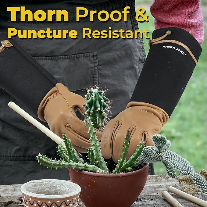 HANDLANDY Long Gardening Gloves for Men & Women, Cowhide Leather Rose Pruning Gloves, Breathable Thorn Proof Gauntlet Glove (Brown-Cowhide, L)-VerdiqueGarden