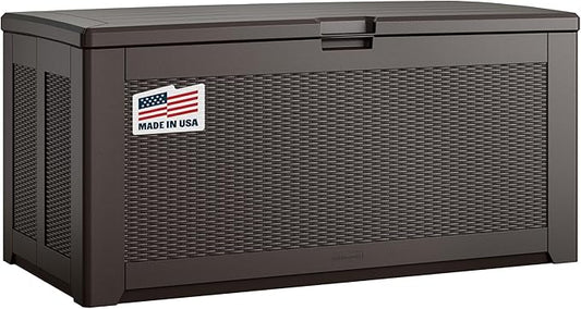 Rubbermaid Extra Large Resin Outdoor Storage Deck Box (134 Gal), Weather Resistant, Brown, Deck Organization for Home/Backyard/Pool Chemicals/Toys/Garden Tools/Porch/Patio Cushions-VerdiqueGarden