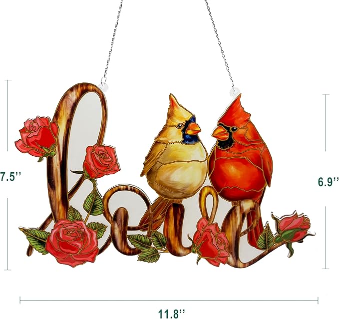 Love with Red Cardinal Suncatcher Red Bird Stained Glass Suncatchers Window Hanging Ornament for Home Decor for Valentine's Day Mother's Day Women Mom Birds Lovers Friends (Love)-VerdiqueGarden