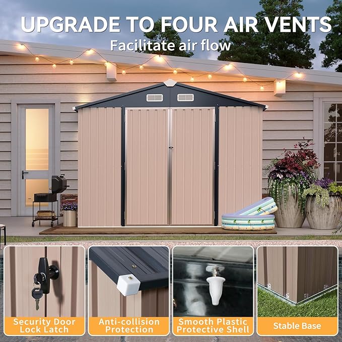 Aoxun 7x5 FT Outdoor Storage Shed with Floor Garden Metal Shed with Lockable Door Outdoor Large Shed for Tool, Garbage Can, Bike, Mower, Brown-VerdiqueGarden