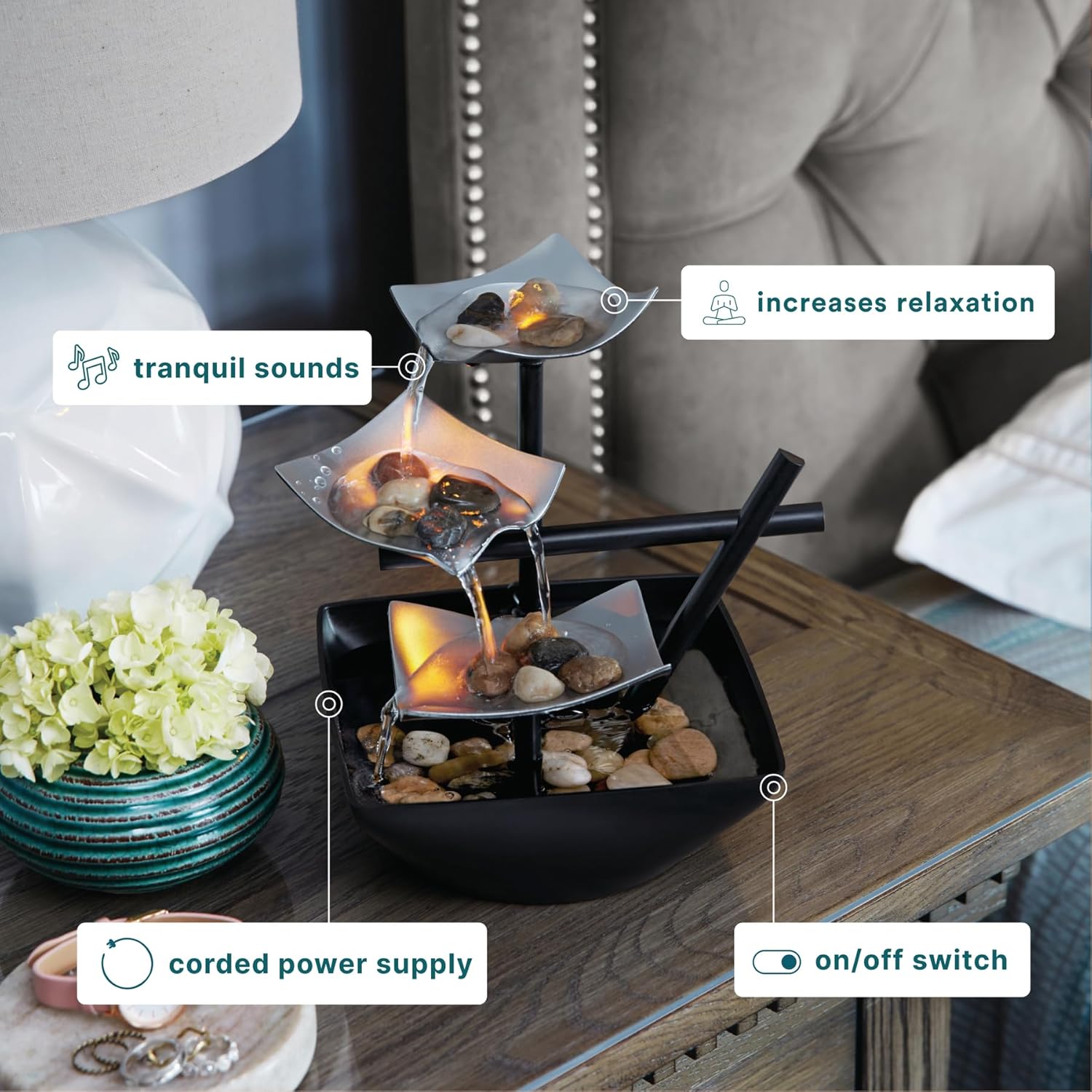 Homedics Tabletop Water Fountain, Home Décor Soothing Sound Machine - Automatic Pump, Deep Basin & Natural River Rocks. Indoor Zen Relaxation for Office, Living Room, or Bedroom, 8.25” Tall-VerdiqueGarden