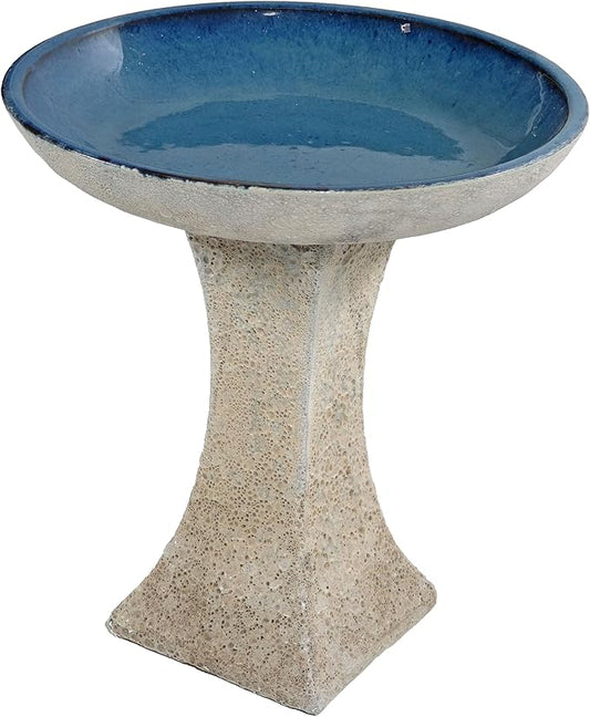 Sunnydaze Ceramic Bird Bath for Outside - 16" H - UV- and Frost-Resistant - Pedestal Bird Bath - Blue Glazed Bowl - White Lava Finish-VerdiqueGarden