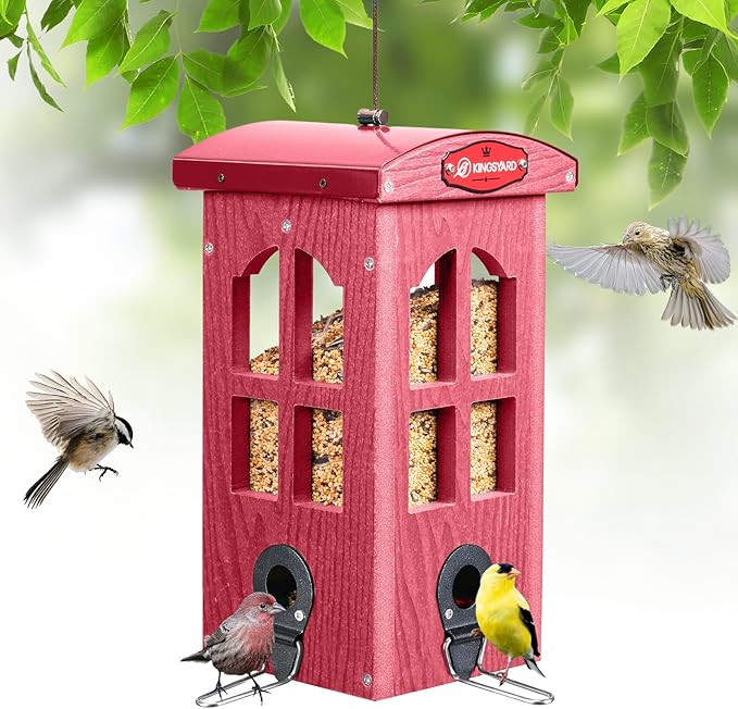 Kingsyard Upgraded Rainproof Bird Feeder for Outdoor Hanging - Metal Feeding Port, Recycled Plastic Wild Bird Feeder with Metal Mesh Tray for Goldfinch Small Bird, Garden Yard Decoration, Red-VerdiqueGarden