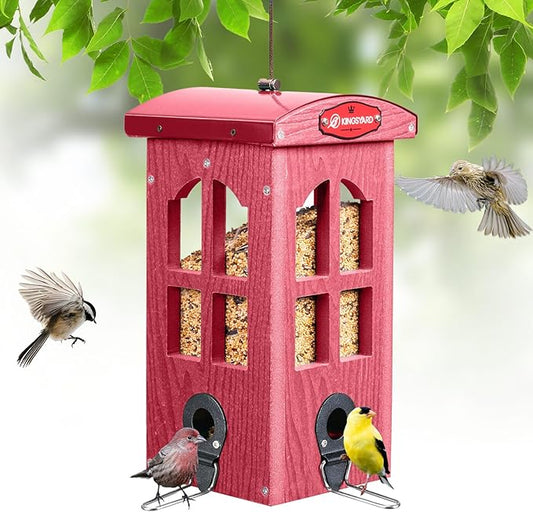 Kingsyard Upgraded Rainproof Bird Feeder for Outdoor Hanging - Metal Feeding Port, Recycled Plastic Wild Bird Feeder with Metal Mesh Tray for Goldfinch Small Bird, Garden Yard Decoration, Red-VerdiqueGarden